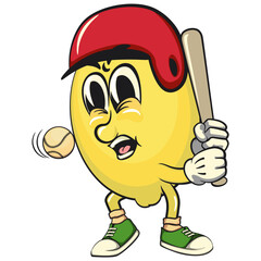 cute lemon mascot cartoon with helmet playing baseball ready to hit the ball with the bat, fun citrus character vector for summer, work of hand drawn