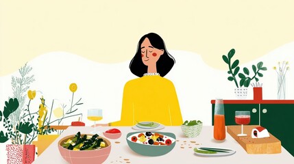 A serene dining environment is depicted where the ingredients sourced from a smart grocery subscription seamlessly align with the users health goals and calendar illustrated through
