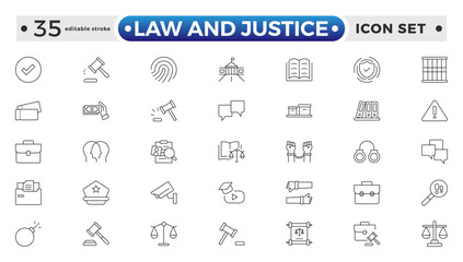 Law and Justice outline icon set. Court icon set. Containing Investigation, law, judgment, criminal, justice law, court legal, lawyer, criminal, prison and more. Editable stroke outline icon.
