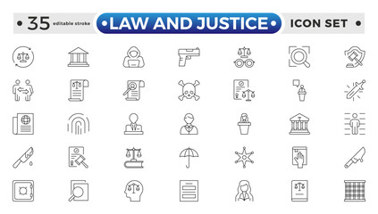 Law and Justice outline icon set. Court icon set. Containing Investigation, law, judgment, criminal, justice law, court legal, lawyer, criminal, prison and more. Editable stroke outline icon.
