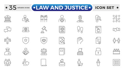 Law and Justice outline icon set. Court icon set. Containing Investigation, law, judgment, criminal, justice law, court legal, lawyer, criminal, prison and more. Editable stroke outline icon.
