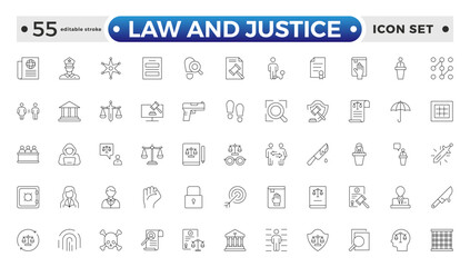 Law and Justice outline icon set. Court icon set. Containing Investigation, law, judgment, criminal, justice law, court legal, lawyer, criminal, prison and more. Editable stroke outline icon.

