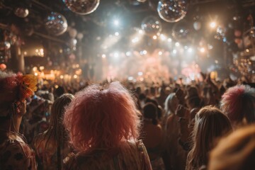 Crowd enjoys live music performance with glittering disco balls and stage lights in a dimly lit entertainment venue