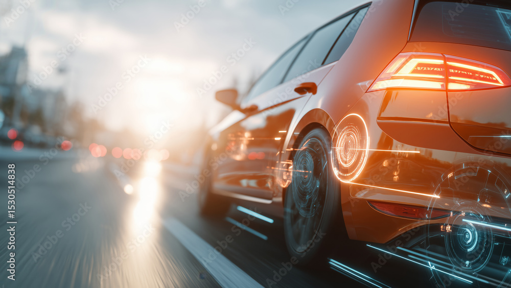Poster cars navigate busy road lanes under a colorful sky at sunset. the glowing elements on the vehicles a