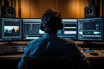 Creative Sound Film Movie Producer in Studio During working process Vibrant Lighting, Generative AI