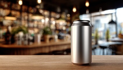 Metallic can on wooden bar top, blurred cafe background
