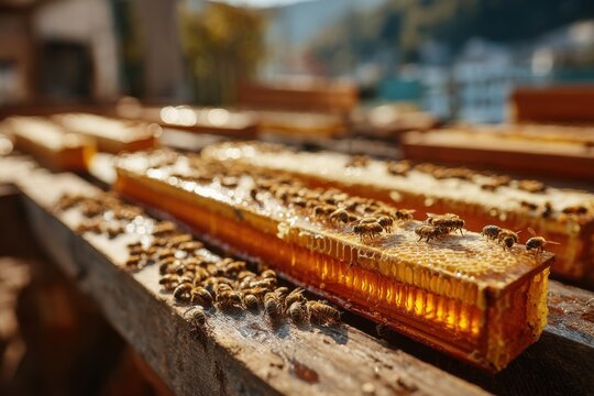 Busy honeybees on wooden frames filled with honeycomb on a sunny day gathering sweet nectar in an apiary
