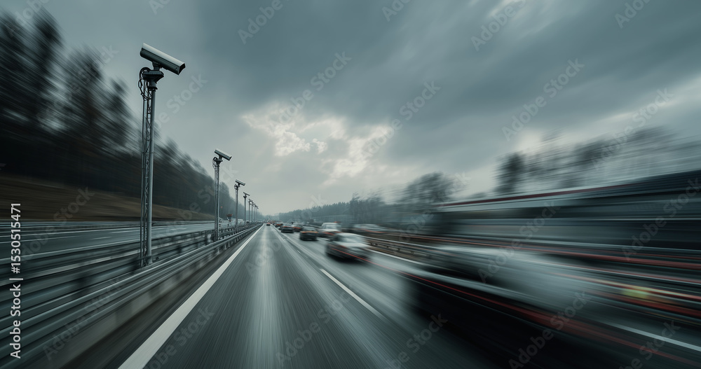 Poster Cars move swiftly through multiple lanes of a busy road, while surveillance cameras monitor the traffic. The overcast sky hints at possible rain, creating a dynamic driving environment.