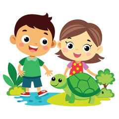 children with a turtle