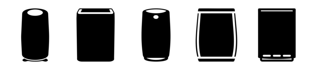 A simplistic illustration of five different styled smart home speaker devices