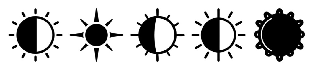 Various stylized sun icons representing phases or variations of light and warmth