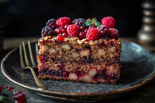 Rustic Fruit and Nut Cake with Mixed Berries on Top.