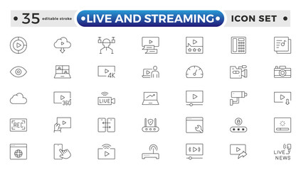 Live and Streaming outline icon set. Live stream, broadcasting online stream. Lower third template for tv, shows, movies and live performance. Editable stroke outline icon.
