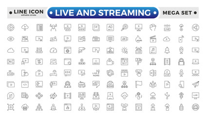 Live and Streaming outline icon set. Live stream, broadcasting online stream. Lower third template for tv, shows, movies and live performance. Editable stroke outline icon.
