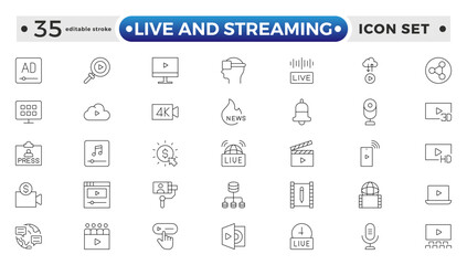Live and Streaming outline icon set. Live stream, broadcasting online stream. Lower third template for tv, shows, movies and live performance. Editable stroke outline icon.
