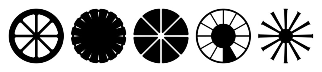 Diverse set of radial designs, wheel variations, and starburst shapes in black and white