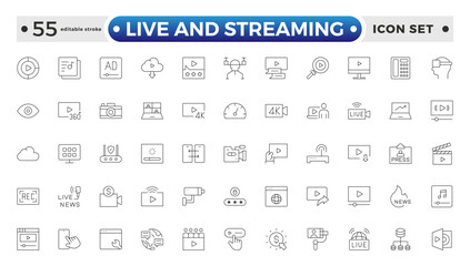 Live and Streaming outline icon set. Live stream, broadcasting online stream. Lower third template for tv, shows, movies and live performance. Editable stroke outline icon.
