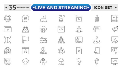 Live and Streaming outline icon set. Live stream, broadcasting online stream. Lower third template for tv, shows, movies and live performance. Editable stroke outline icon.
