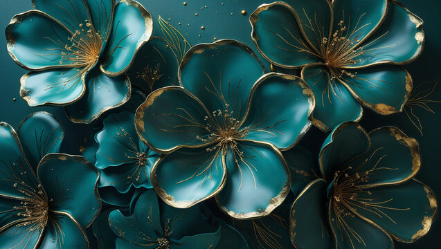 Elegant teal flowers with gold accents on a dark green background for decor