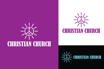 christian church with sunburst or sunrise outline logo design vector illustration