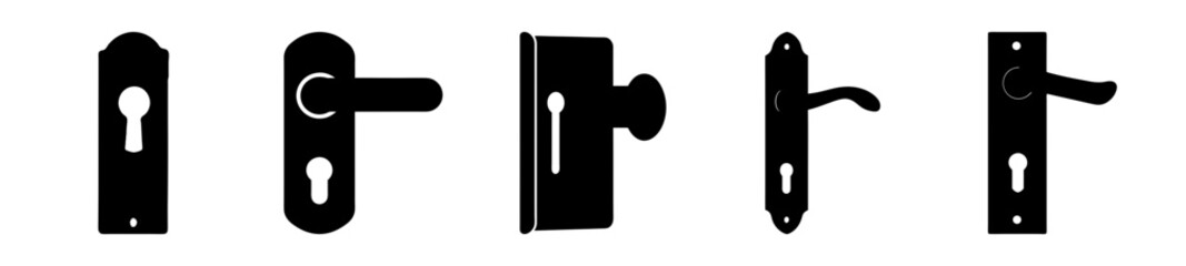 Collection of five black and white doorknobs presenting different designs