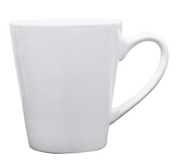 Clean blank tall ceramic coffee mug with large handle white color side view isolated on white background.