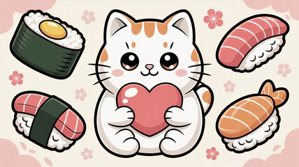 Adorable Cat with Sushi and Heart  Kawaii Japanese Food Illustration