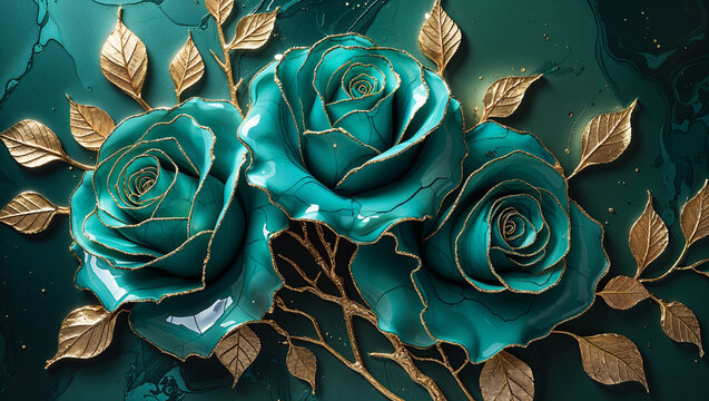 Elegant teal roses with gold accents on a dark green marbled background