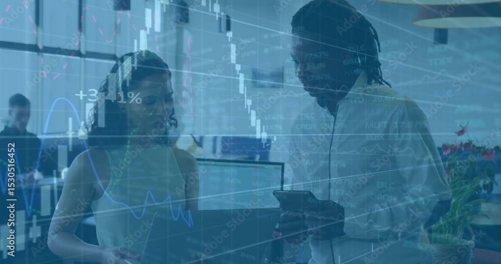 Poster colleagues discussing data input and analyzing market trends as candlestick charts overlaying scene