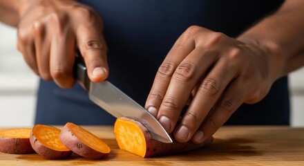 Slicing sweet potato: healthy food preparation on wooden board with kitchen knife