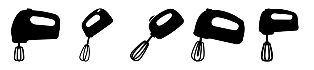 A collection of black hand mixers isolated on a white background