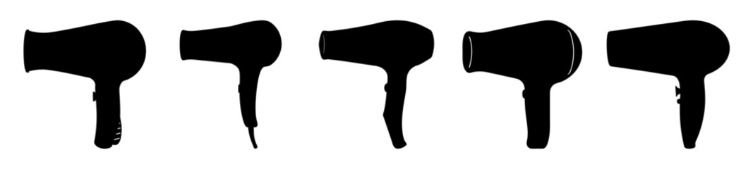 Black and White Illustration of Various Hairdryer Silhouettes on a White Background