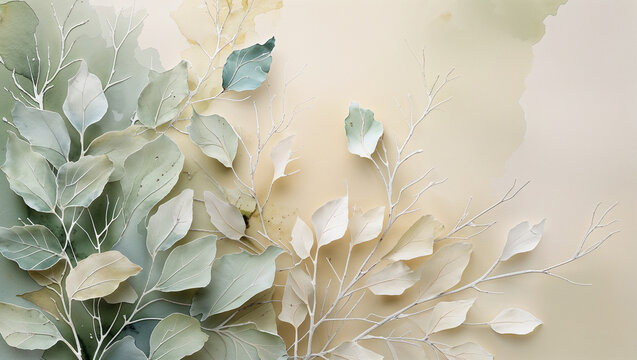 Fototapeta Elegant watercolor foliage illustration featuring leaves and branches in soft pastel tones