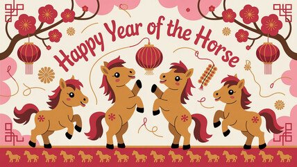 Obraz premium Happy Year of the Horse Chinese New Year Celebration with Cute Horses Lanterns and Flow