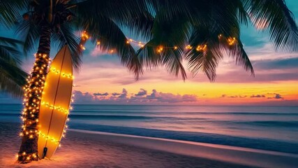 Sunset beach with palm trees and twinkling lights at dusk - Powered by Adobe