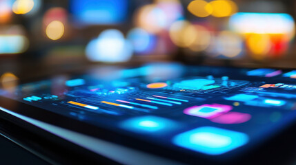 Close up of tablet displaying vibrant digital graphics and data visualizations, showcasing technology and innovation
