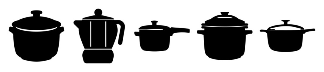 Black silhouette illustrations of different types of kitchen pots and containers