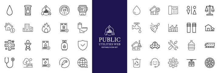 Public utilities web icons line set. Public Utilities Water, Fuel, Electricity, gas, garage, Solar House, Rent receipt, Maintainence, and More vector illustration