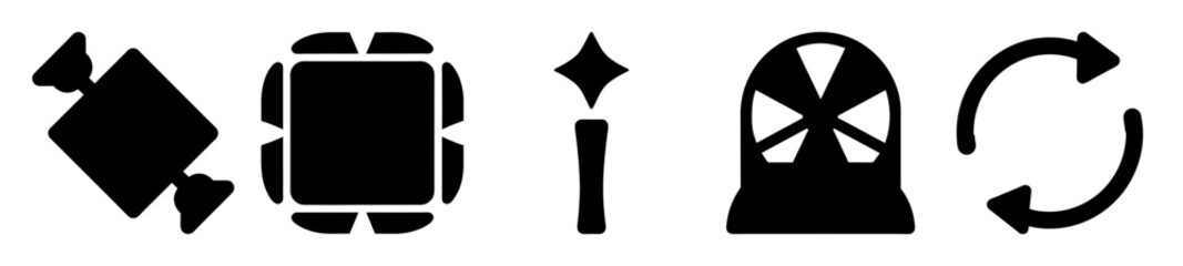 Five black icons arranged horizontally isolated on a white background