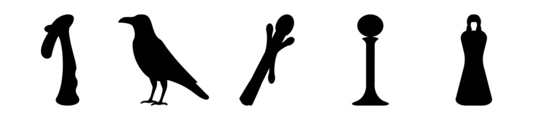 Obraz premium Collection of Black Hieroglyphic Symbols Against a White Background Illustrating Ancient Writing
