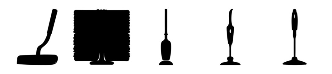 Obraz premium Assortment of Various Cleaning Tools Depicted in Black Silhouettes Against a White Background