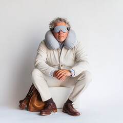 Traveling man with neck pillow and eye mask sitting with suitcase ready for a long trip abroad
