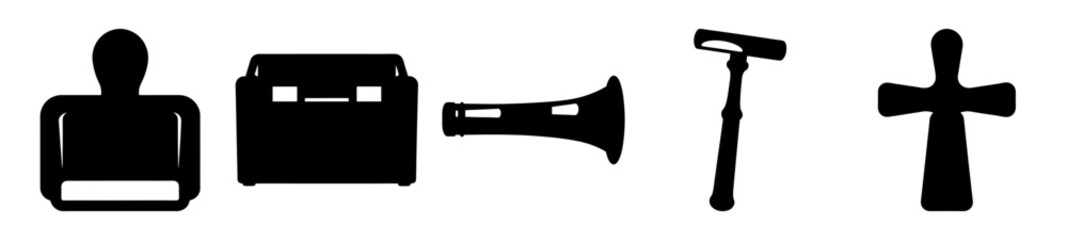 Abstract shapes composition including a person, a book, a megaphone and a cross