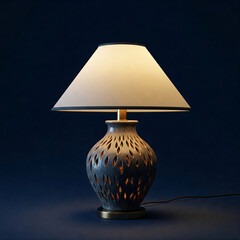 A modern table lamp with a lattice cylindrical body, creating interesting light and shadow patterns