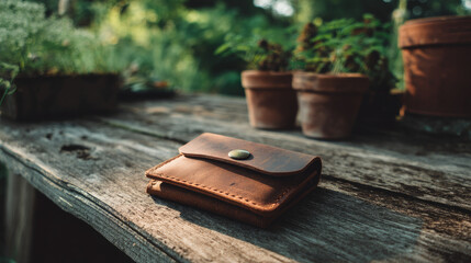 Handmade eco-friendly leather wallet placed on a rustic wood table with natural light, greenery in the background.