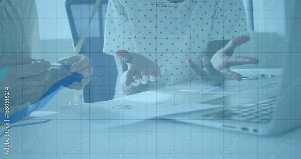 Aufkleber women shifting paper and pointing charts while tracing animated line graphs in business meeting