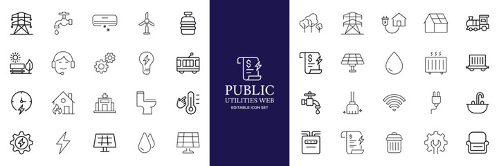 Public utilities web icons line set. Public Utilities Water, Fuel, Electricity, gas, garage, Solar House, Rent receipt, Maintainence, and More vector illustration