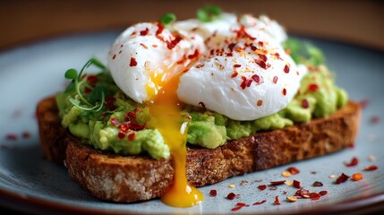 A plate of avocado toast with a fried egg yolk on top. The toast is brown and the egg yolk is yellow. The plate is on a table