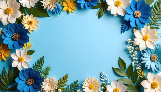 Vibrant floral arrangement display on blue background nature inspired decorative paper art creative design aesthetic view