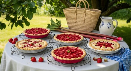 Strawberry Rhubarb Pies on Table: Delicious Homemade Dessert Ready for Eating